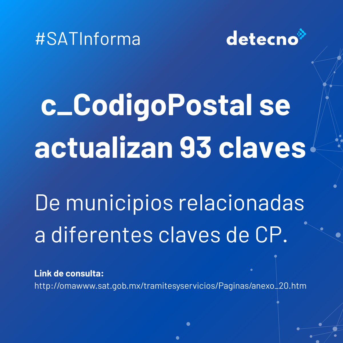 detecno_'s tweet photo. #SATInforma | Actualización en catálogos CFDI 4.0
📌 Nuevas claves en c_Municipio y ajustes en c_CodigoPostal
📅 Vigentes desde el 23 de enero de 2026

✅ Consulta todos los detalles aquí: 
https://t.co/WdwiEO8RDD

#SAT2026 #CFDI #FacturaciónElectrónica #CumplimientoFiscal https://t.co/UPyNPOlcrr