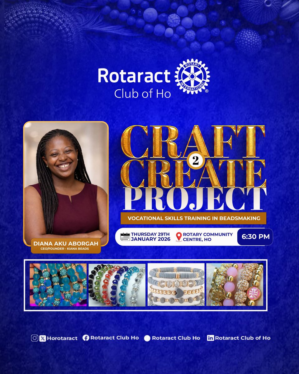 Next facilitator 🔥

Diana Aku Aborgah, CEO &amp; Founder of Kiana Beads, leads a hands-on beadmaking session as we celebrate Rotary Vocational Service Month.

Skills. Creativity. Impact.

🗓 Jan 29 | ⏰ 6:30PM | 📍 Ho
👉 Attend • Tag • Volunteer

#Rotary #VocationalServiceMonth