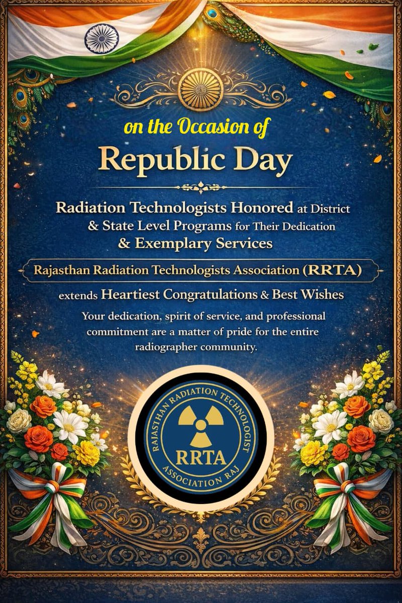 गणतंत्र दिवस के अवसर पर
जिला एवं राज्य स्तर पर आयोजित विभिन्न कार्यक्रमों में
उत्कृष्ट एवं सराहनीय सेवाओं के लिए सम्मानित होने वाले
रेडियोग्राफर संवर्ग के समस्त  कार्मिकों को
Rajasthan Radiation Technologists Association (RRTA)
की ओर से हार्दिक बधाई एवं शुभकामनाएँ 💐💐