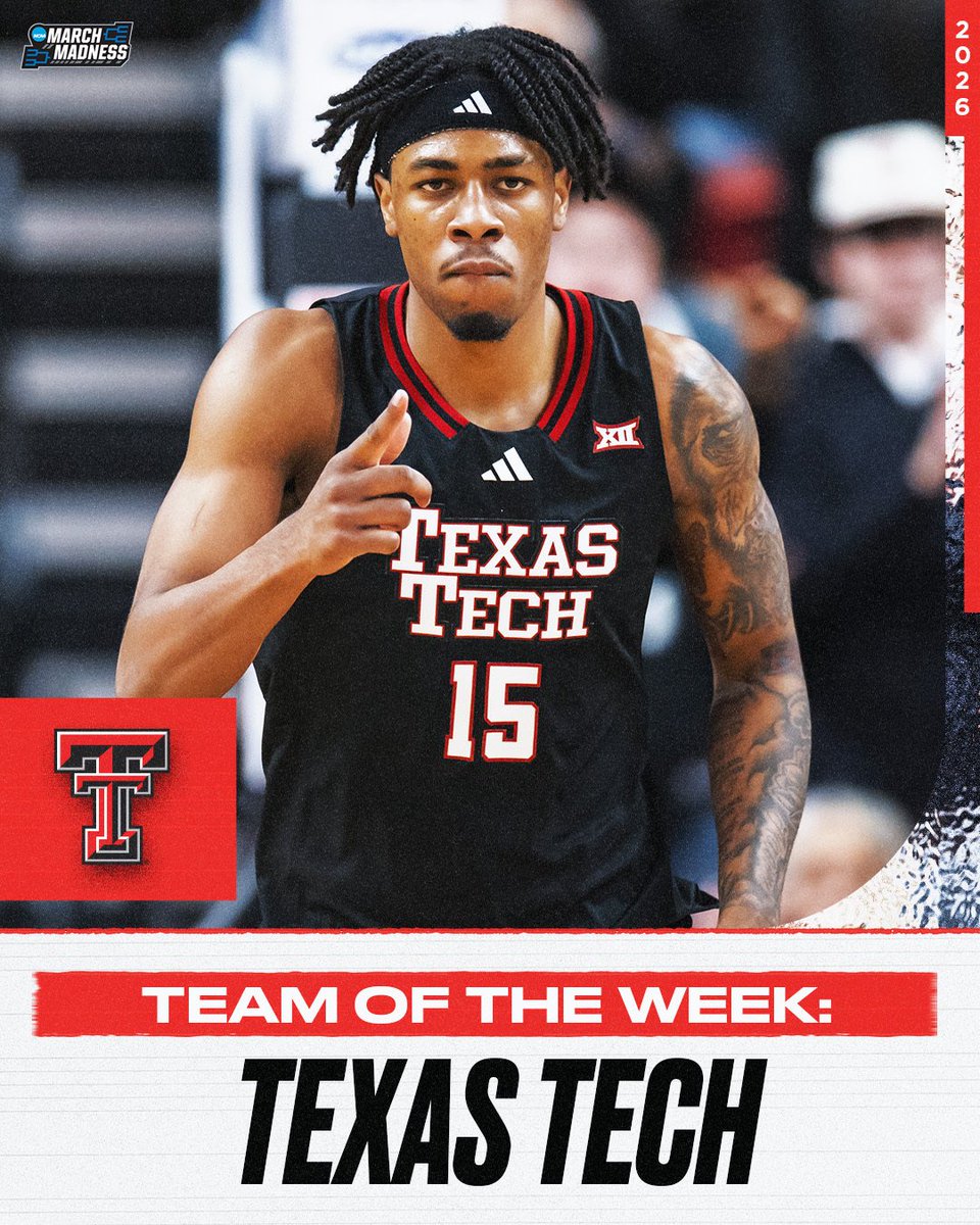 MarchMadnessMBB's tweet image. 🏆 Weekly Awards from @TheAndyKatz 🏆

Team of the Week: Texas Tech
Player of the Week: Keaton Wagler
Freshman of the Week: AJ Dybantsa