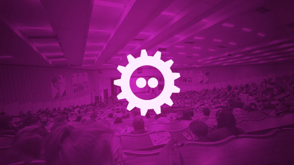 Photo edit of the main FOSDEM room with a purple shade and the white FOSDEM logo on top.