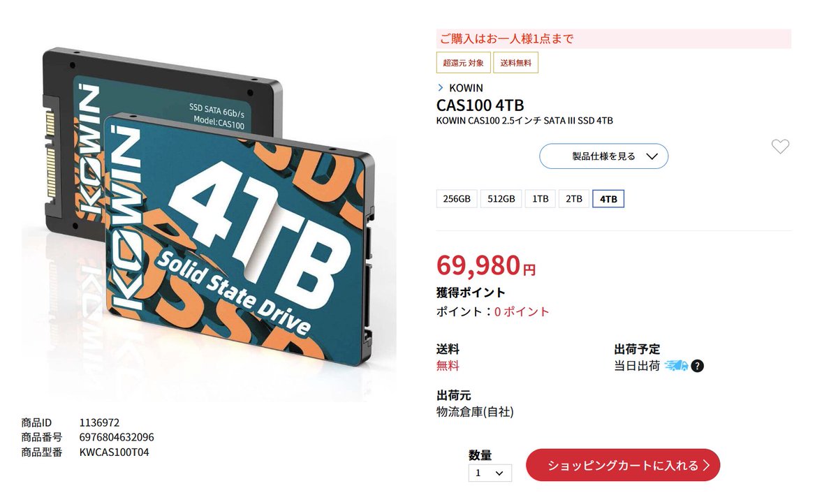 SSDのモデルの中では圧倒的に安い部類だったKOWINですら4TBモデルが2