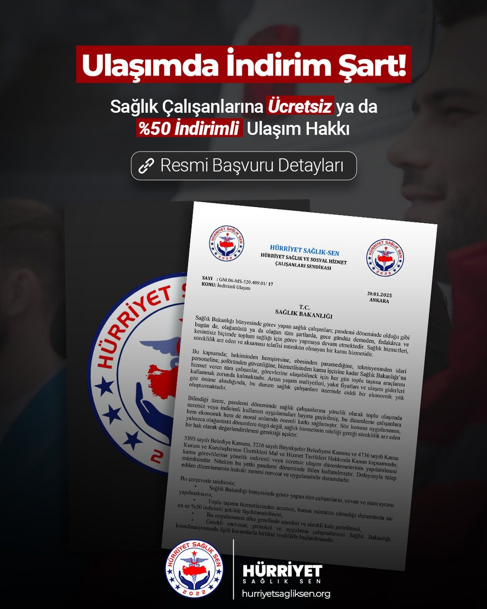 Sağlık Bakanlığı ve üniversite hastaneleri bünyesindeki tüm sağlık çalışanlarına, toplu taşıma hizmetlerinden ücretsiz veya indirimli yararlanması için hazırladığımız ulaşım hakkı talebimizi aşağıdaki bağlantıya tıklayarak inceleyebilirsiniz.
hurriyetsagliksen.org/saglik-calisan…