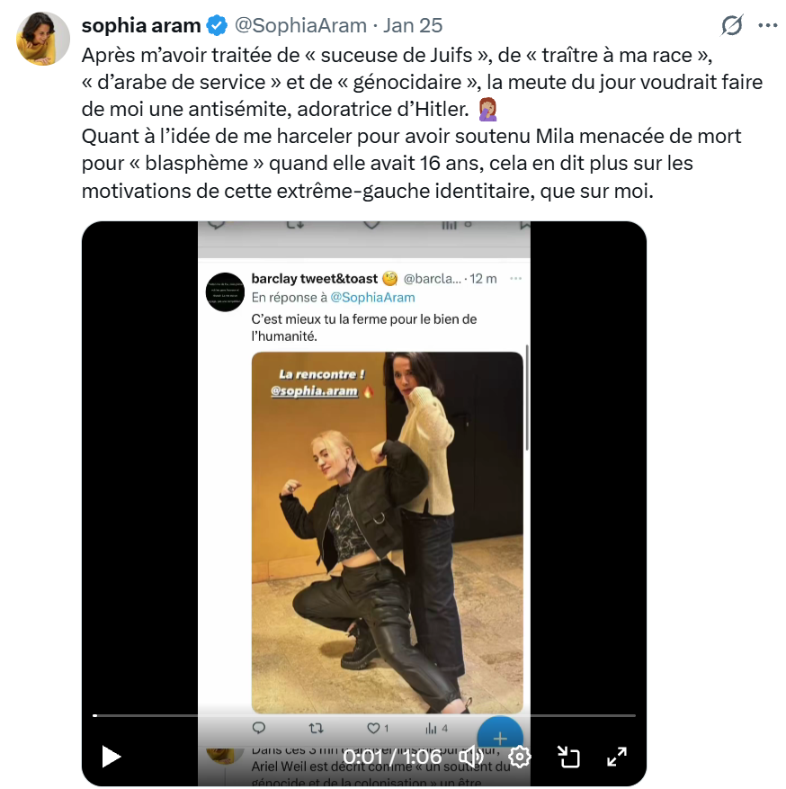 Takuanji's tweet photo. . @SophiaAram ment, et elle le sait très bien. 
A gauche, voilà à quoi ressemblait Mila à 18 ans.
A droite, la photo date de Janvier 2024, Mila a 20 ans, et elle avait déjà bien entamé son coming out raciste et d'extrême droite. https://t.co/ZcqN4UFH9R