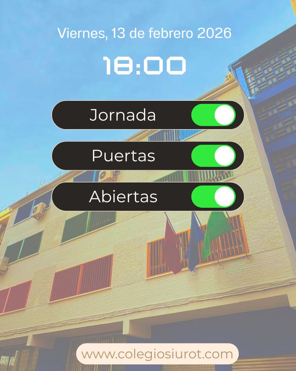 JORNADA DE PUERTAS
ABIERTAS 

¡¡Reserva la fecha!! 

Queremos mostrarte cómo integramos la #tecnología, el #bilingüismo y el #trato #cercano con nuestro alumnado

👉🏼Viernes 13 de febrero 

👉🏼Hora: 18:00h.

➕ INFO
colegiosiurot.com