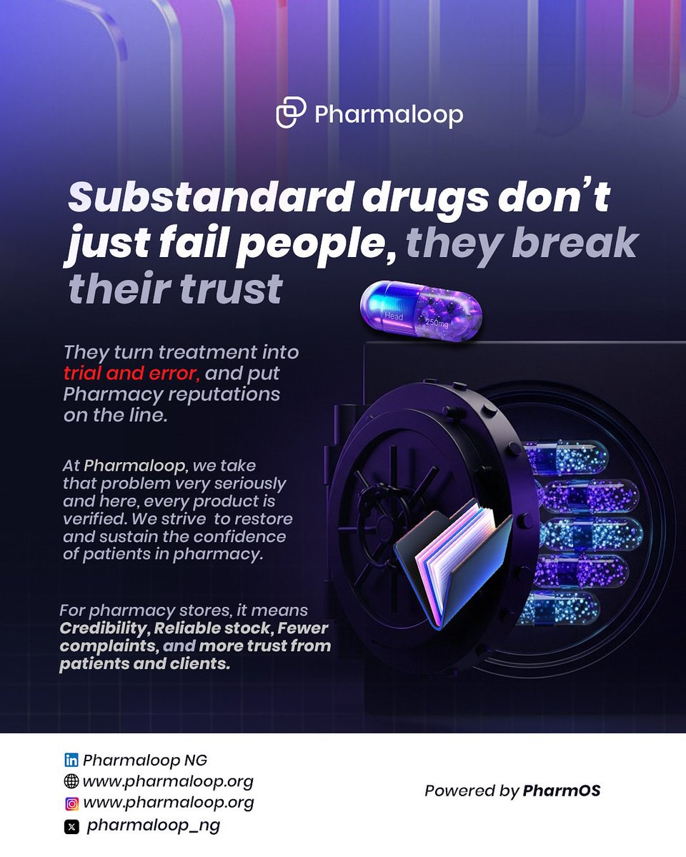 pharmaloop_ng's tweet photo. We’re built on verification and powered by trust.
#Pharmaloop #HealthcareNigeria #DigitalHealth #PharmacyTech #PharmOS https://t.co/1dQ80pMLwT