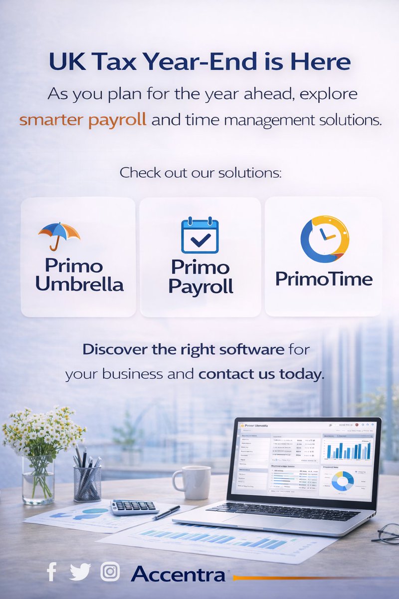 accentratech's tweet photo. 📣 UK Tax Year-End Is Coming
Accentra offers fully compliant, modern solutions for recruitment agencies and UK businesses.
Now’s the time to upgrade.
 📩 Contact us today to schedule a free demo.

#PayrollSolutions #PrimoPayroll #PrimoUmbrella
#PrimoTime #UKBusiness
#TaxYearReady https://t.co/XKtT9eU8Ks