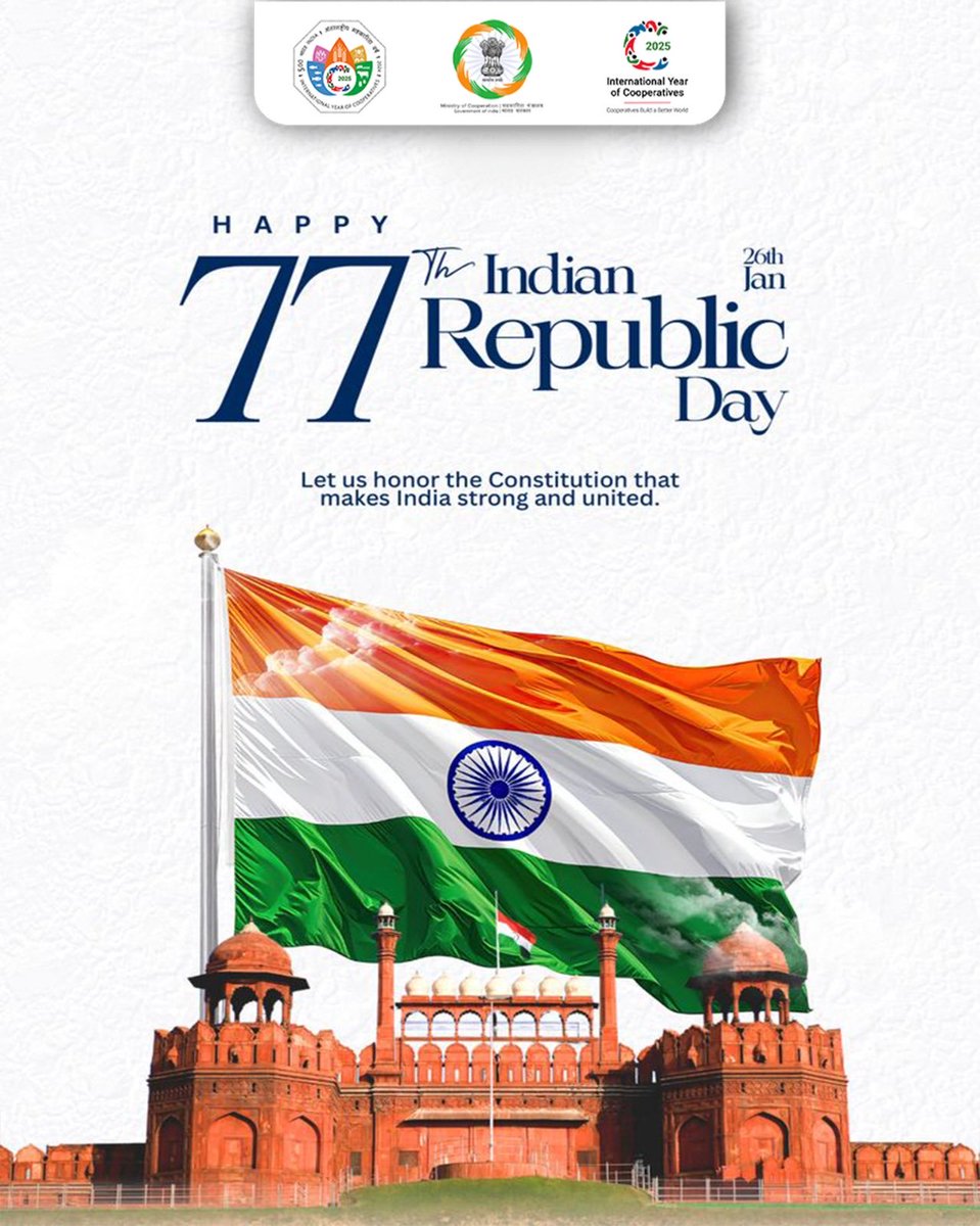 MinOfCooperatn's tweet photo. Our collective ambition meets national pride.

This Republic Day, let’s continue empowering growth and enriching the soul of our great nation.

#EmpoweringCooperatives #SahkarSeSamriddhi #RepublicDay #RepublicDay2026 https://t.co/nroLGysFhg
