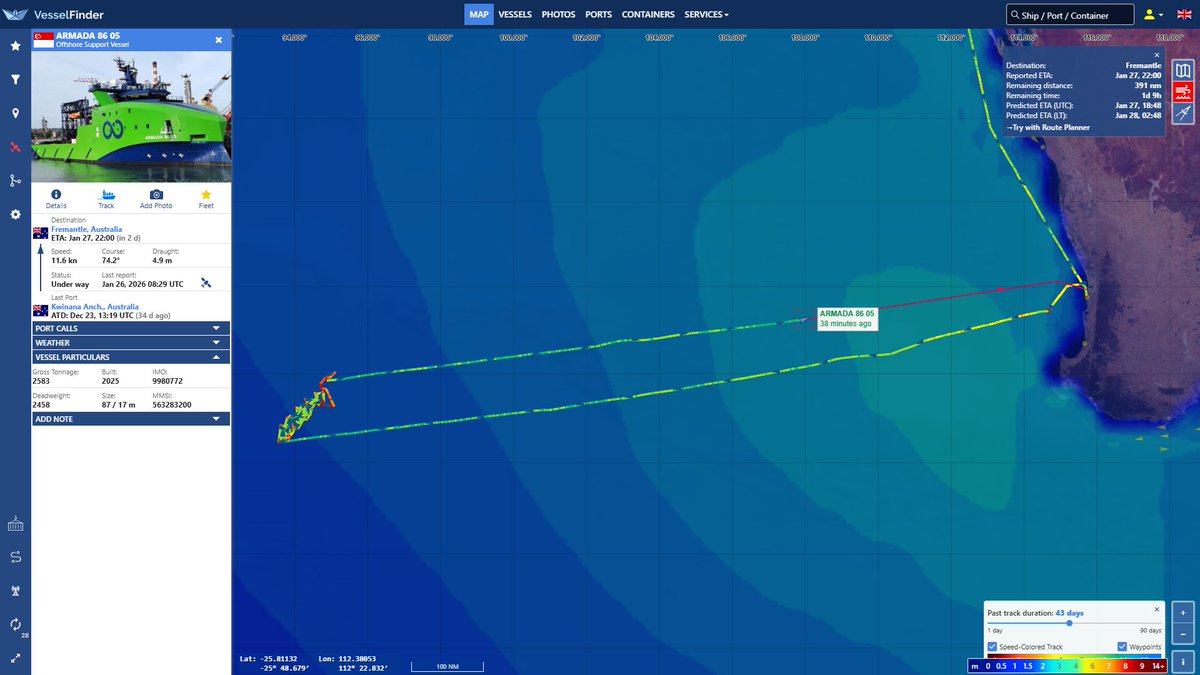 LabratSR's tweet photo. #MH370 Armada 86 05 is still dealing with 4 to 5 meter waves, but they are still on schedule to make port on the 28th. Wave Heights are on in the image, and the scale is in the lower right. #vesseltracking by @VesselFinder https://t.co/naxwvIJcVr