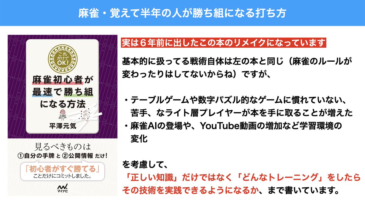 hira_ajmja's tweet photo. 【拡散希望���新著出ます】
麻雀・覚えて半年の人が勝ち組になる打ち方

という本を2/24に出版します！
６年前に出版した「麻雀初心者が最速で勝ち組になる方法」という本が大変好評いただいており、今回そちらの本をリメイクしました。
６年間YouTubeを通してさまざまな発信���したことで得た「ここでつまづく人が多いんだな」「説明するだけじゃなくてこういうトレーニングをした人が強くなってるな」といった知見も詰め込んで内容のアップデート、ブラッシュアップをしています！

初級者の方に手に取ってもらったらまずハズレにならないだろうと思える自信作なのでぜひ手に取っていただけると嬉しいです！

Amazonリンクなどはツリーをご覧ください！