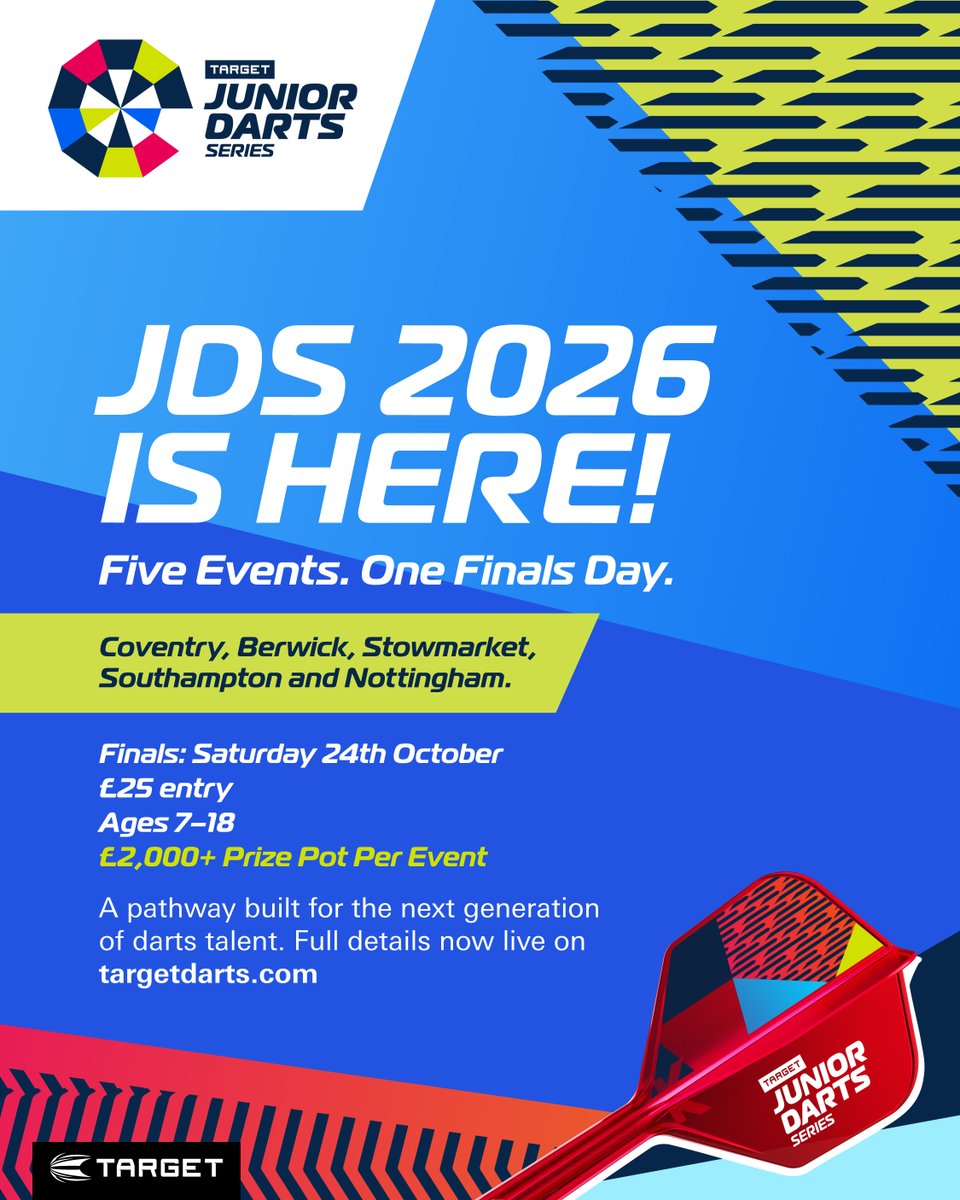TargetDarts's tweet image. ✨ Introducing the Target Junior Darts Series ✨

A brand new Youth Darts tournament, open for ALL between the ages of 7-18.

6 dates, over £2,000 per event in prize money, travelling to areas around the country, to make events accessible.

Find out more information and how to…