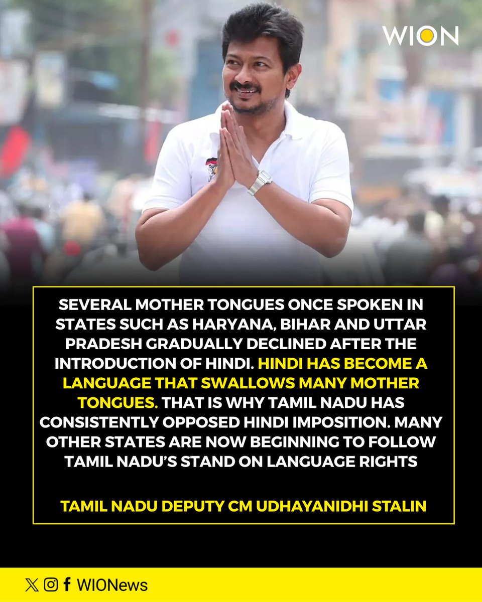 WIONews's tweet image. "Hindi has become a language that swallows many mother tongues. That is why Tamil Nadu has consistently opposed Hindi imposition..." says Tamil Nadu Deputy CM Udhayanidhi Stalin 

#TamilNadu #Hindilanguage #UdhayanidhiStalin #Haryana #Bihar