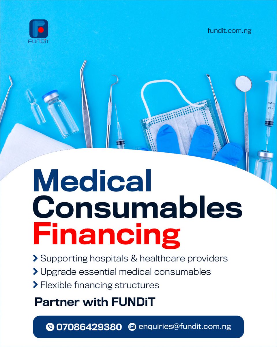 FUNDiTFinancial's tweet image. Healthcare facilities need steady access to essential consumables.

FUNDiT’s Medical Consumables Financing helps hospitals and providers upgrade supplies with flexible financing structures.

Partner with FUNDiT.
Send us a DM.

#FUNDiT #HealthcareFinance #MedicalConsumables