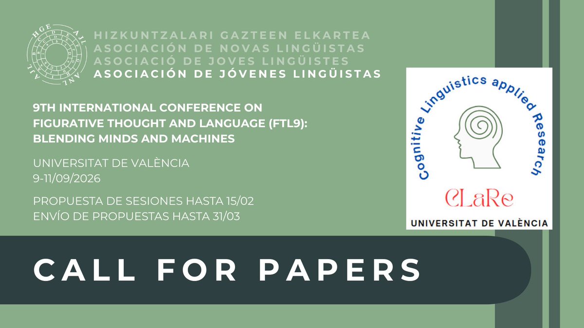 ajl_info's tweet photo. 📢DIFUSIÓN📢

✍️ 9th International Conference on Figurative Thought and Language (FTL9)

📍 Universitat de València
🗓️ 9 a 11 de septiembre de 2026

🗣️ Propuestas de sesiones hasta 15/02
📋 Envío de contribuciones hasta 31/03

📲 Más información: https://t.co/VcHkU62VXk https://t.co/rDTlAGwcBU
