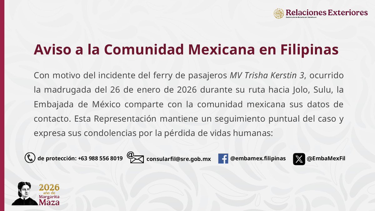 #ProtecciónPreventiva #ProtecciónConsular #EmbaMexFil <a href="/SRE_mx/">Relaciones Exteriores</a>