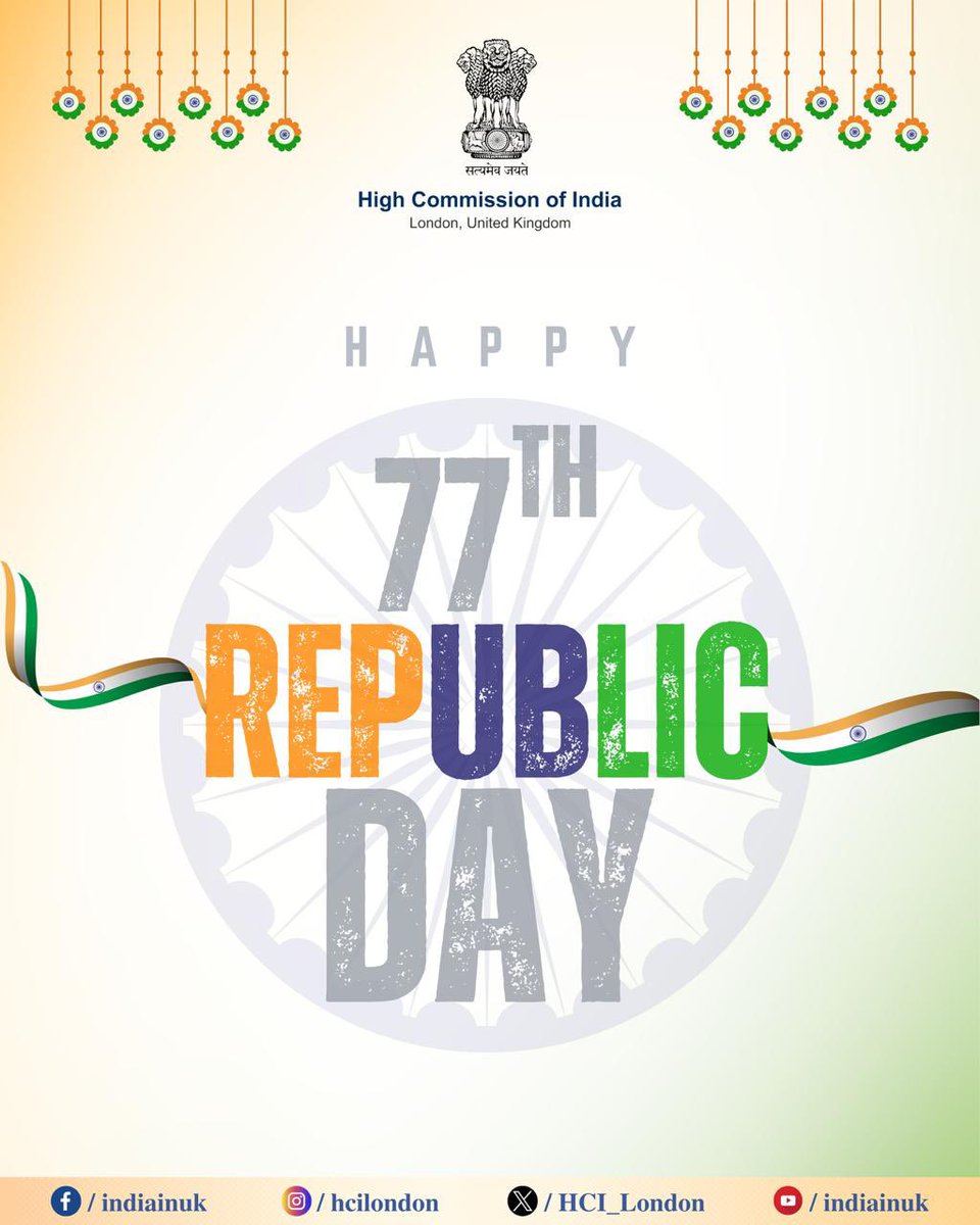 Team <a href="/HCI_London/">India in the UK</a> extends warm greetings to all on the #77thRepublicDay of India! As we celebrate our Constitution and our democratic values, let us reaffirm our collective commitment to building a strong and inclusive nation.
Watch this space: youtube.com/live/zQo_Rd7i7…