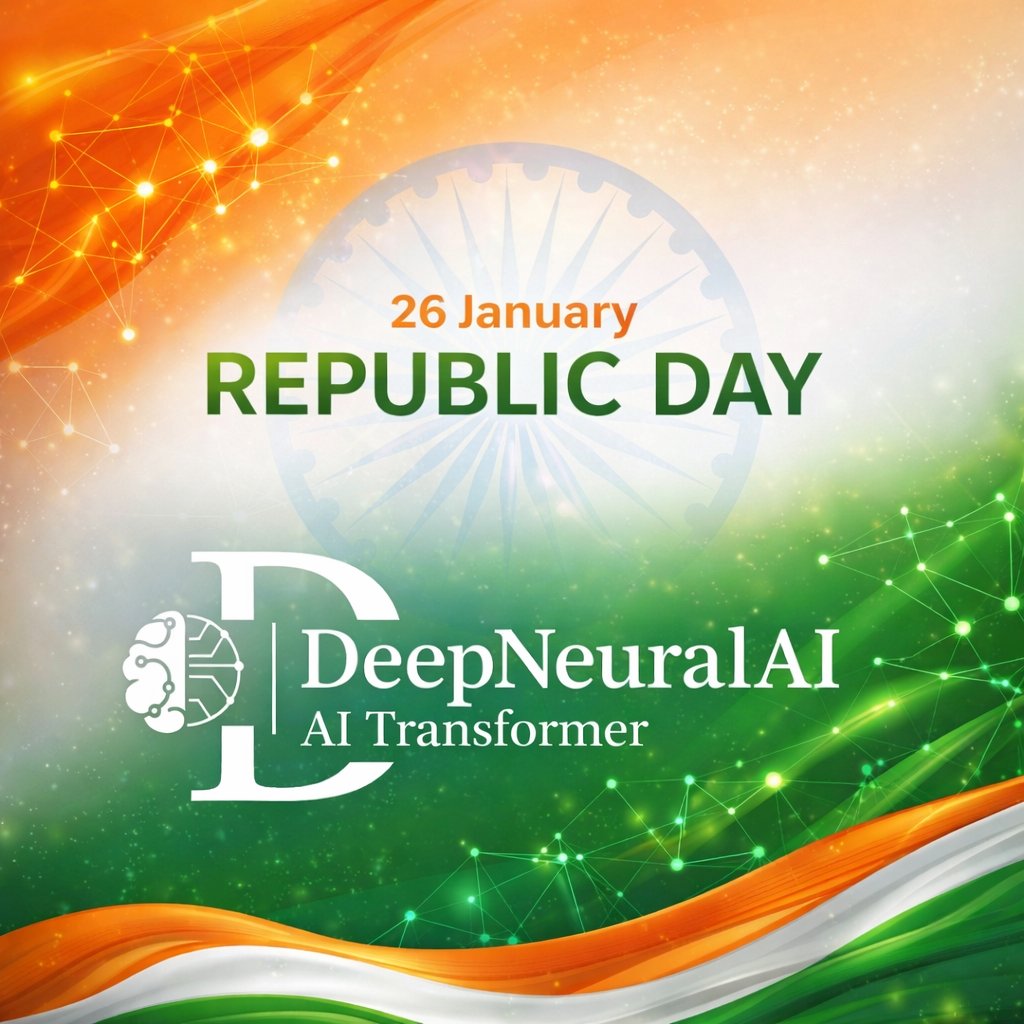deepneuralaidna's tweet photo. Celebrating the spirit of our Constitution and the power of innovation.
On this Republic Day, DeepNeuralAI salutes the values of unity, integrity, and progress that drive our nation forward.
Letβs build a smarter, stronger India together.
#RepublicDay #DeepNeuralAI #AIForIndia https://t.co/Tvirqa11g4