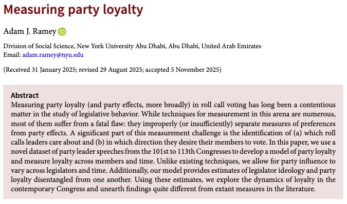 PSRMJournal's tweet image. 🗳️ How can we better measure party loyalty?

➡️ Using US congressional party leader speeches, @adamramey introduce a new model that disentangles legislator ideology from party loyalty and allows party influence to vary across members &amp;amp; over time cambridge.org/core/journals/… #FirstView