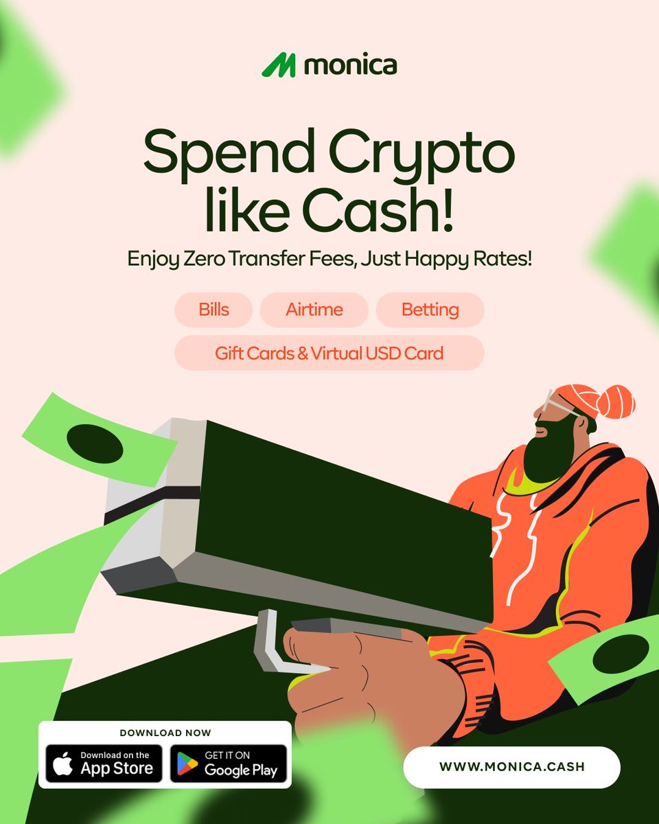 Spend smarter, live easier. 😎 Convert your crypto into Naira instantly  with Monica! 🚀 From bills to airtime, betting, gift cards, and even  virtual USD cards, all with zero transfer fees, best