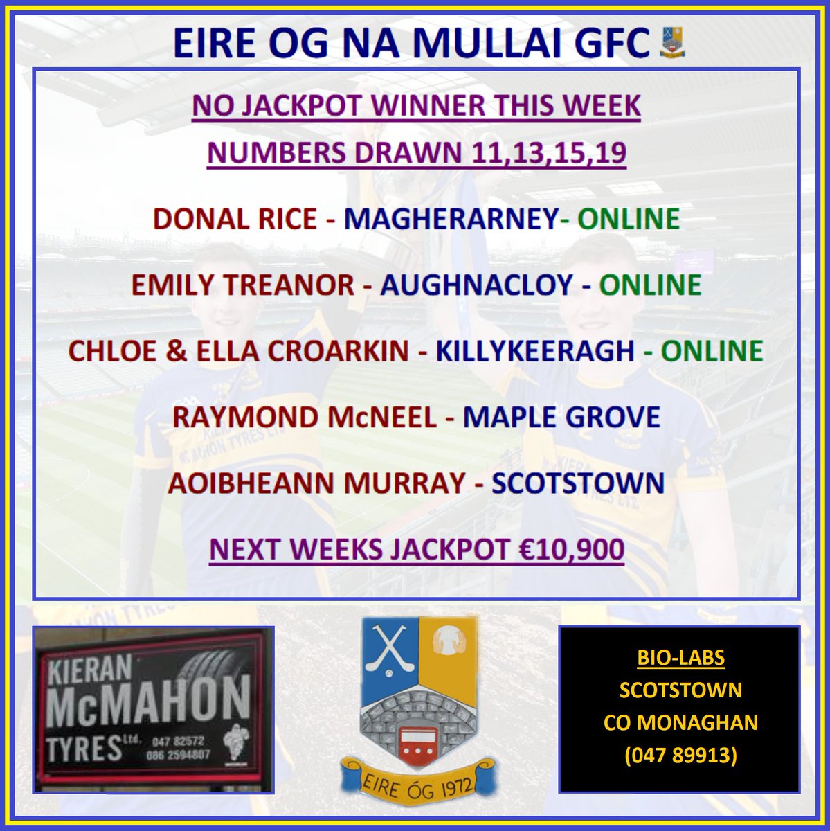 LOTTO RESULTS JANUARY 25TH
Get all the latest news on the Éire Óg Na Mullaí CLG app member.clubspot.app/club/eire-og-n…
