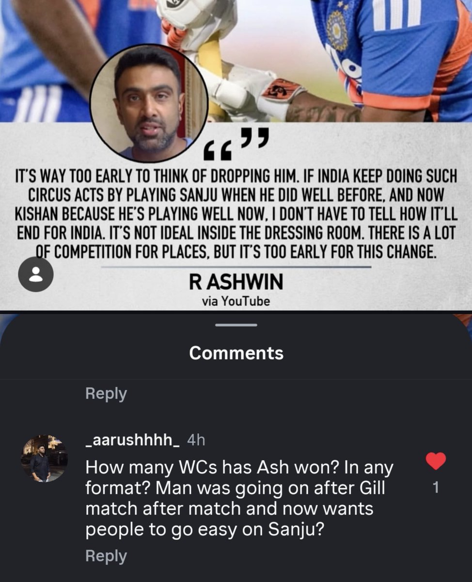 Xo_sunflowerr77's tweet photo. @ashwinravi99 wrote long threads nitpicking Shubman Gill’s batting  the same Gill who is widely regarded as having one of the best techniques among youngsters.
But when it comes to his own son Sanju 🤡 suddenly it’s too early to change 🫠 https://t.co/CJi8BWuTyc