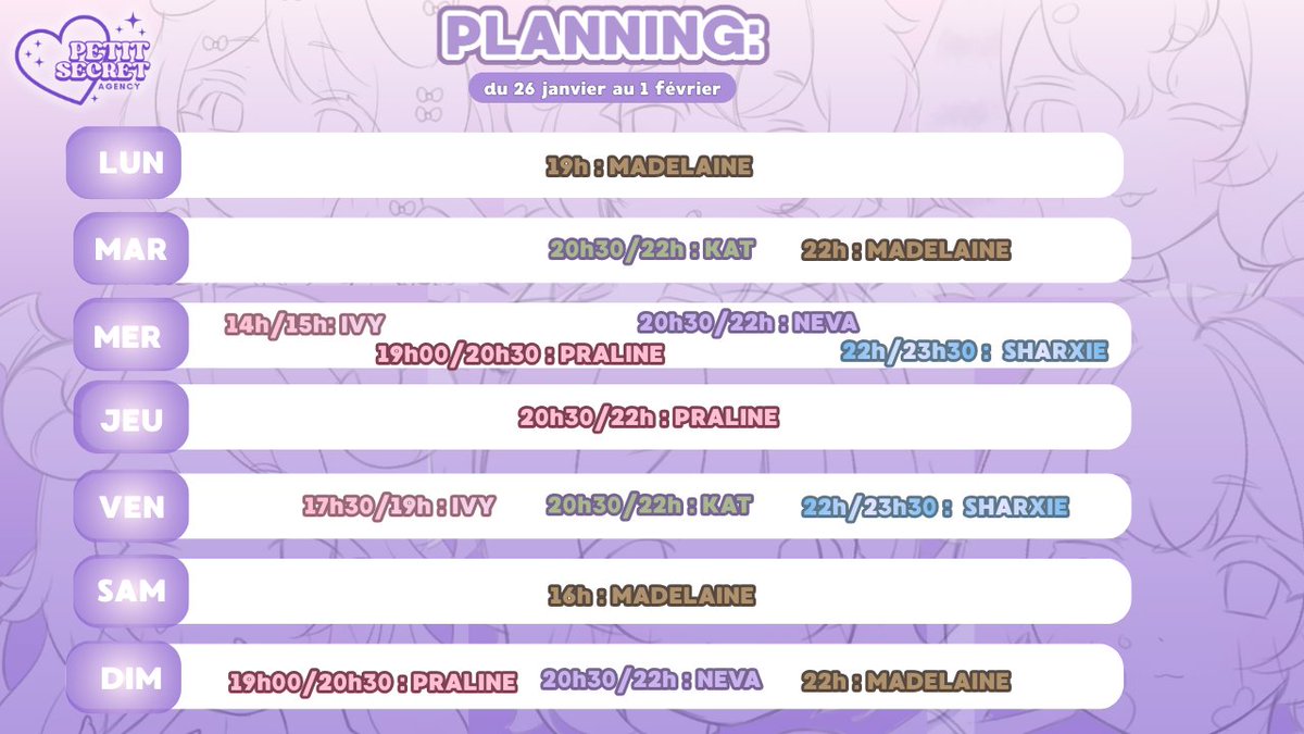Le planning de la semaine du 26 au 01 février💜
<a href="/IvyBloomasmr/">Ivy Bloom 🌸🐾 (Petit Secret Agency)</a>
<a href="/SharxieJaws/">18+ Sharxie Jaws 🦈(Petit Secret Agency)</a>
<a href="/PralineWoof/">18+ Praline Woof 🧁🩷 (Petit Secret Agency)</a>
<a href="/MadelaineLatte/">18+ Madelaine Latté 🐮🛐 (PetitsecretAgency)</a>
<a href="/NevaMoonASMR/">Neva</a>
/Katerpillar  
 #vtuberfr