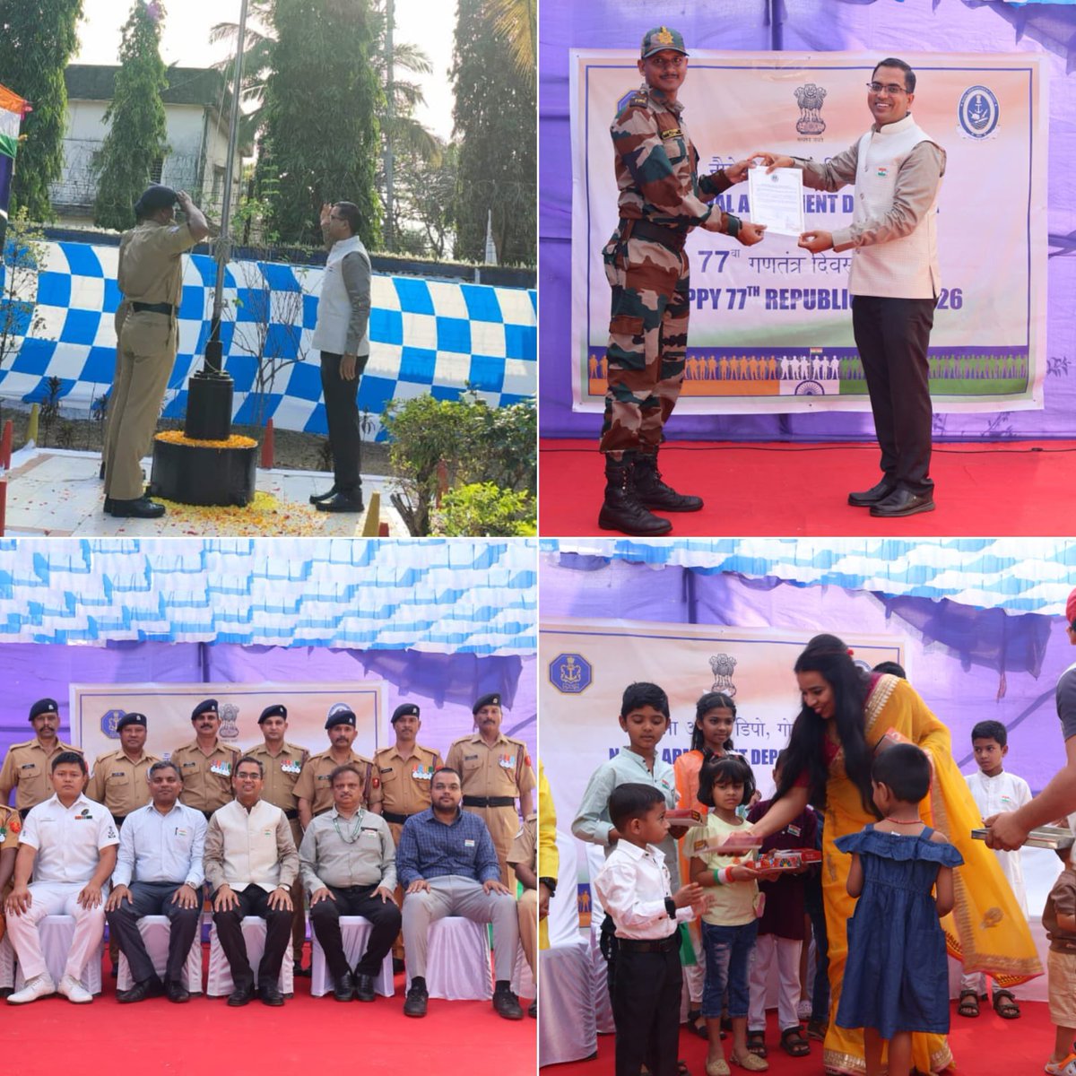 IN_DCP's tweet photo. Naval Armament Depot (#NAD), Goa, celebrated the 77th #RepublicDay with patriotic fervor. Shri Bhupendra Sharma, #INAS, General Manager, #NADGoa, hoisted the #NationalFlag and delivered an inspiring address.
The event featured a vibrant cultural program, including the Naval Civilian Anthem, patriotic performances, and award distribution to recognize exemplary contributions. The celebrations concluded with group photos of employees and their families, symbolizing unity and pride.
The event was a heartfelt tribute to the nation, leaving attendees inspired and united.
#IndianNavy
#HarKaamDeshKeNaam
#NavalCivilians
#HappyRepublicDay