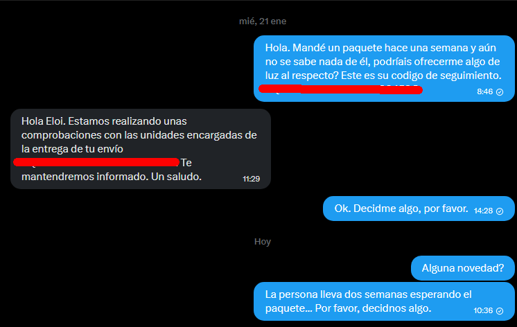 Lo de <a href="/Correos/">Correos</a> <a href="/CorreosAtiende/">CorreosAtiende</a> es de absoluta traca. Jamás entenderé el trato que se le da a los paquetes, o incluso el mero hecho de advertir de problemas y retrasos que pueden tener sus servicios. Pero es que esto es, de verdad... Indignante.