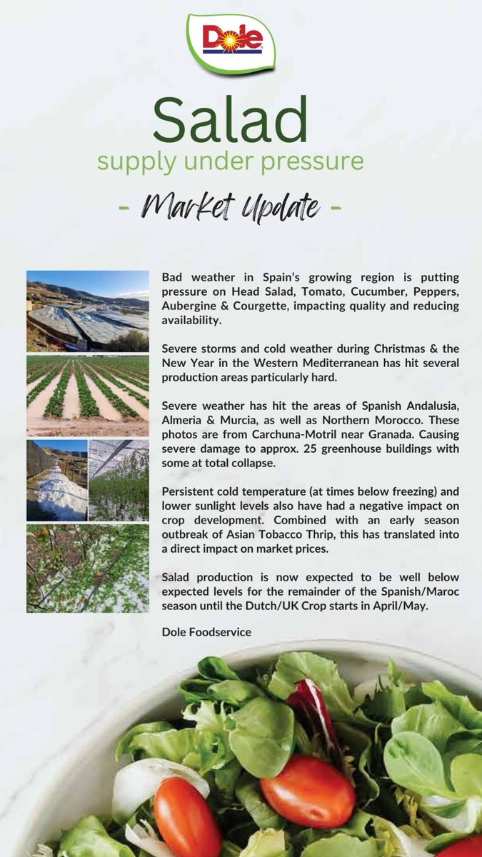 *Attention*

Market Update regarding poor weather in Spain affecting Salad availability. 

#DoleFoodservice #MarketUpdate #Salad