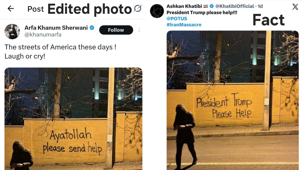 AskAnshul's tweet image. The Wire journalist Arfa Khanum posted an edited photo, claiming that "Ayatollah please send help" was written on a wall in America

Fact: A protester in Tehran, Iran wrote on a wall "President Trump please help".

When facts don't fit in narrative, they edit them to play victim.