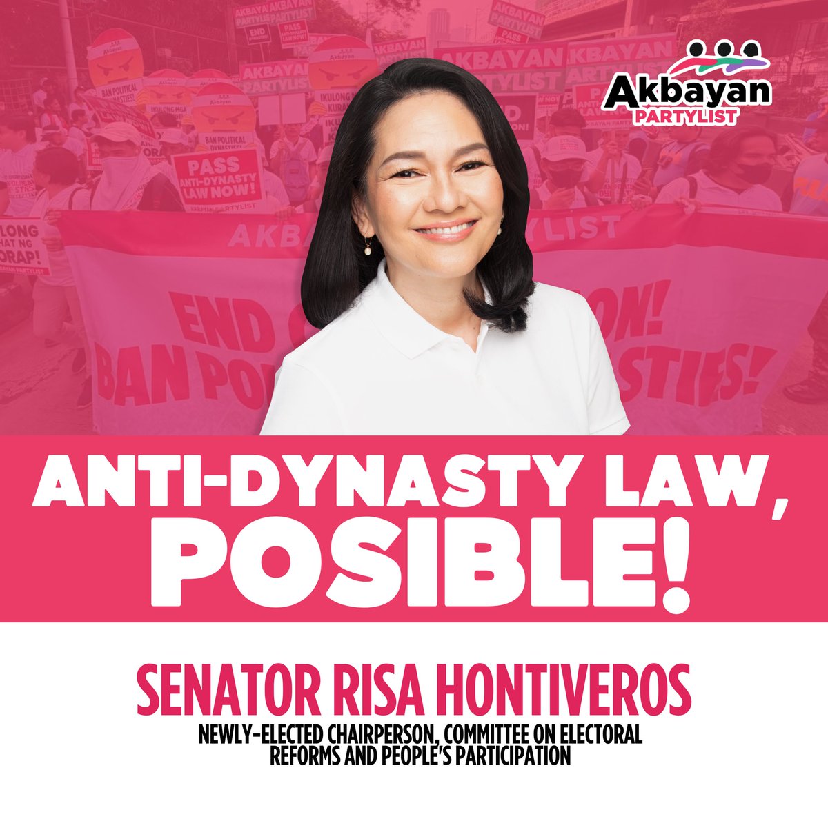 AkbayanParty's tweet image. 𝗔𝗡𝗧𝗜-𝗗𝗬𝗡𝗔𝗦𝗧𝗬 𝗟𝗔𝗪, 𝗣𝗢𝗦𝗜𝗕𝗟𝗘! ✨

Pagbati kay Akbayan Senator Risa Hontiveros, our newly-elected Chairperson ng Committee on Electoral Reforms and People’s Participation. Ang nasabing kumite ang maga-aral at magpapasa ng mga panukalang Anti-Dynasty Bill sa…