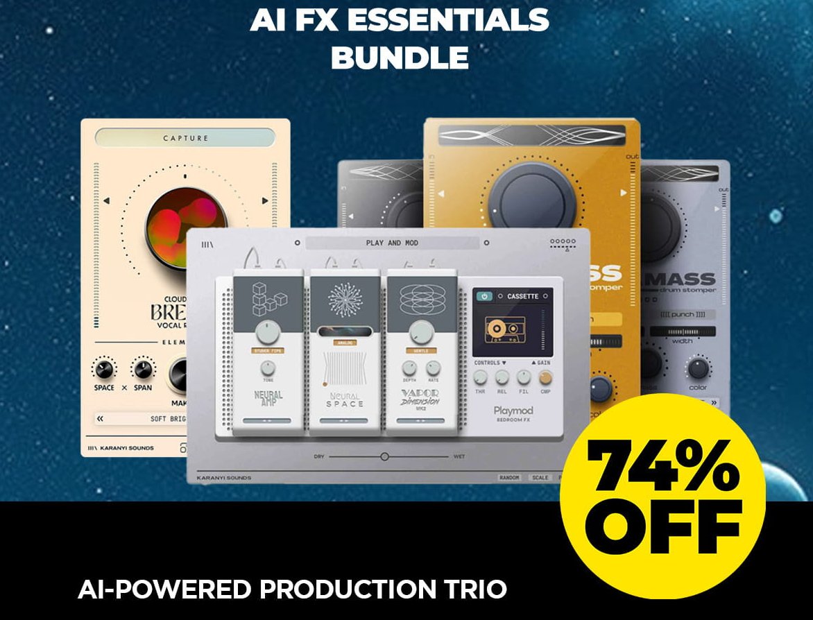 ADSRXplugin Karanyi SoundsのAI FX Essentials Bundleがセール $149→$39（74%OFF）  https://t.co/5eorVkkjpR AI技術による3つのFXプラグインバンドル。Cloudmax  Breezeはボーカルをニューラル分析で40を超える内部パラメータを自動処理、その他、Megamassはドラム処理 ...