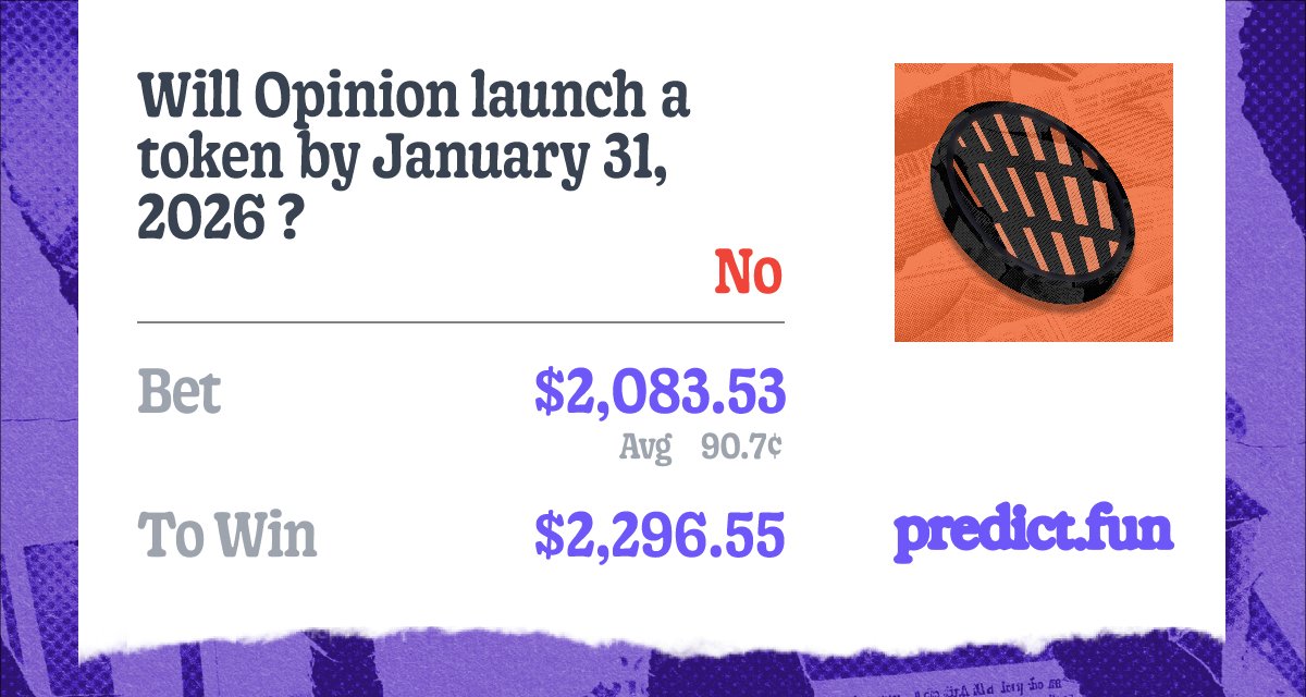 I bought The fud: <a href="/opinionlabsxyz/">Opinion ⁒</a> 

this week will end on 1 feb, no announcement from any exchanges abt listing so i think it will not come in jan.

Market link: predict.fun/market/will-op…

join if u are new: predict.fun/?ref=F5DB8