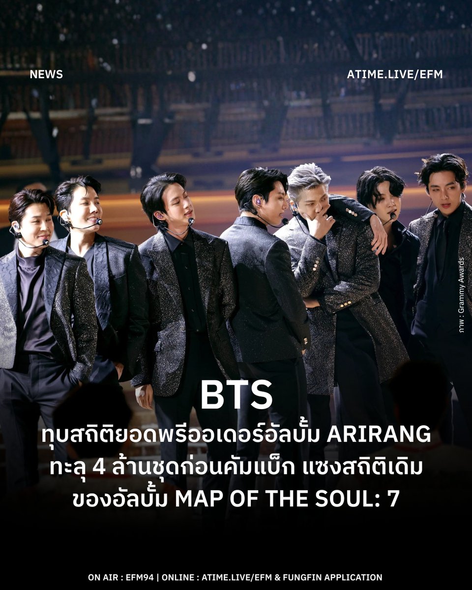 EFM_STATION's tweet image. BTS ทุบสถิติยอดพรีออเดอร์อัลบั้ม ARIRANG ทะลุ 4 ล้านชุดก่อนคัมแบ็ก แซงสถิติเดิมของอัลบั้ม MAP OF THE SOUL: 7
.
BTS สร้างประวัติศาสตร์หน้าใหม่ให้วงการ K-POP อีกครั้งก่อนการคัมแบ็กอย่างเป็นทางการ เมื่ออัลบั้มเต็มชุดที่ 5 ARIRANG ทำยอดพรีออเดอร์ทะลุ 4.06…
