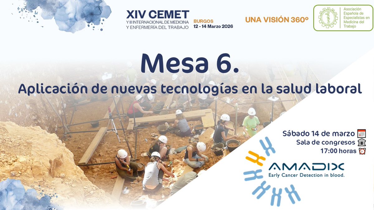 🟣 MESA 6 | XIV CEMET26 
𝗔𝗽𝗹𝗶𝗰𝗮𝗰𝗶𝗼́𝗻 𝗱𝗲 𝗻𝘂𝗲𝘃𝗮𝘀 𝘁𝗲𝗰𝗻𝗼𝗹𝗼𝗴𝗶́𝗮𝘀 𝗲𝗻 𝗹𝗮 𝘀𝗮𝗹𝘂𝗱 𝗹𝗮𝗯𝗼𝗿𝗮𝗹
👨‍⚕️ Moderador
Dr. Ignacio Romero Quintano

👥 Ponentes
Dr. José Ramón Azcona 
Dr. Dr. Jordi Esquirol
Sara González 

🤝<a href="/AmadixDx/">Amadix</a> 
🔗xivcemet2026.aeemt.org/CEMET2026/prog…