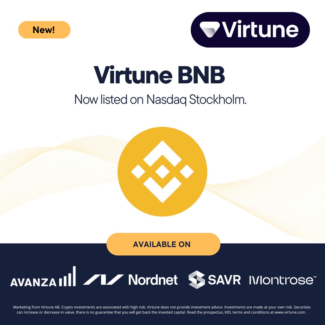 Virtune launches Virtune BNB ETP 🛎️ We are happy to announce the launch of  the Virtune BNB ETP, now listed on Nasdaq Stockholm. Virtune BNB ETP is a  100% physically backed exchange-traded