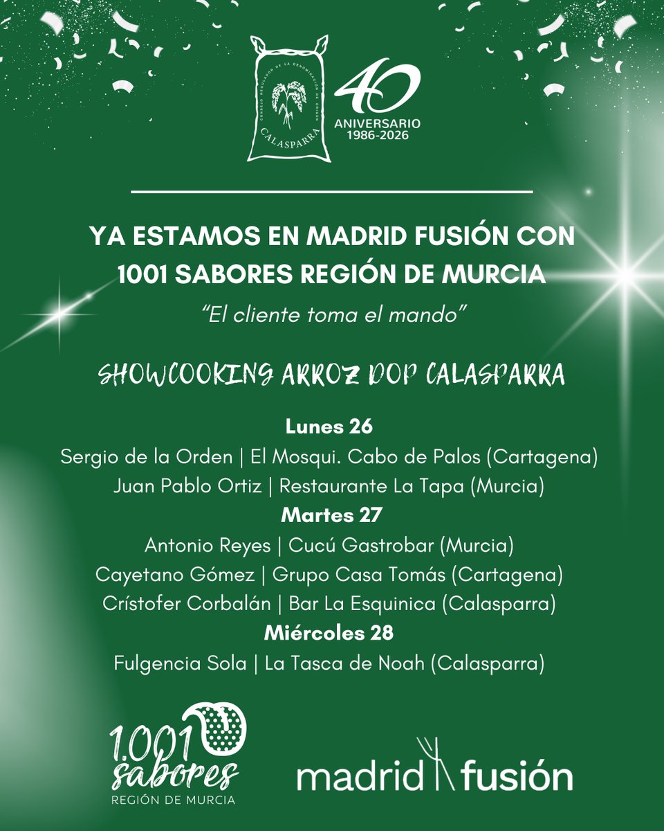 ARROZ_CALAS_DOP's tweet photo. Ya estamos en #MadridFusion con @1001SaboresRM 🌾🔥
Showcookings con Arroz DOP Calasparra celebrando nuestro 40 Aniversario y llevando el sabor del origen al gran escaparate gastronómico.
#1001SaboresRM #ArrozDOPCalasparra #ElMejorArrozDelMundo
@madridfusion @itremurcia https://t.co/2eKTm4GiO0