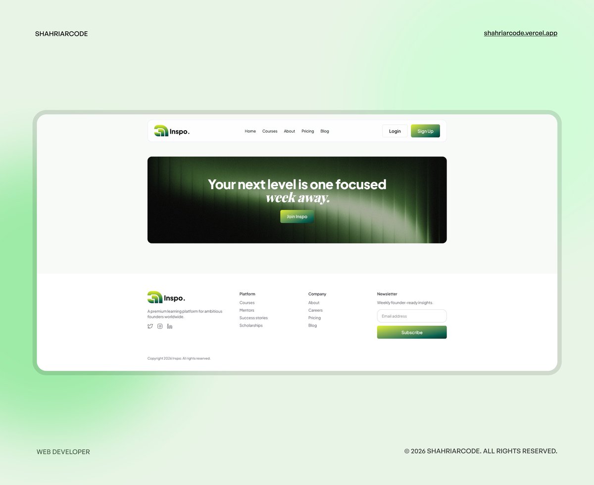ShahriarCode's tweet photo. Earlier I shared a practice project for a course selling platform.
The landing page is now done.
Built with Next.js and Tailwind CSS.

Feedback welcome.

Live link
https://t.co/qRLHJlZyzQ https://t.co/yrkwdCqZTE