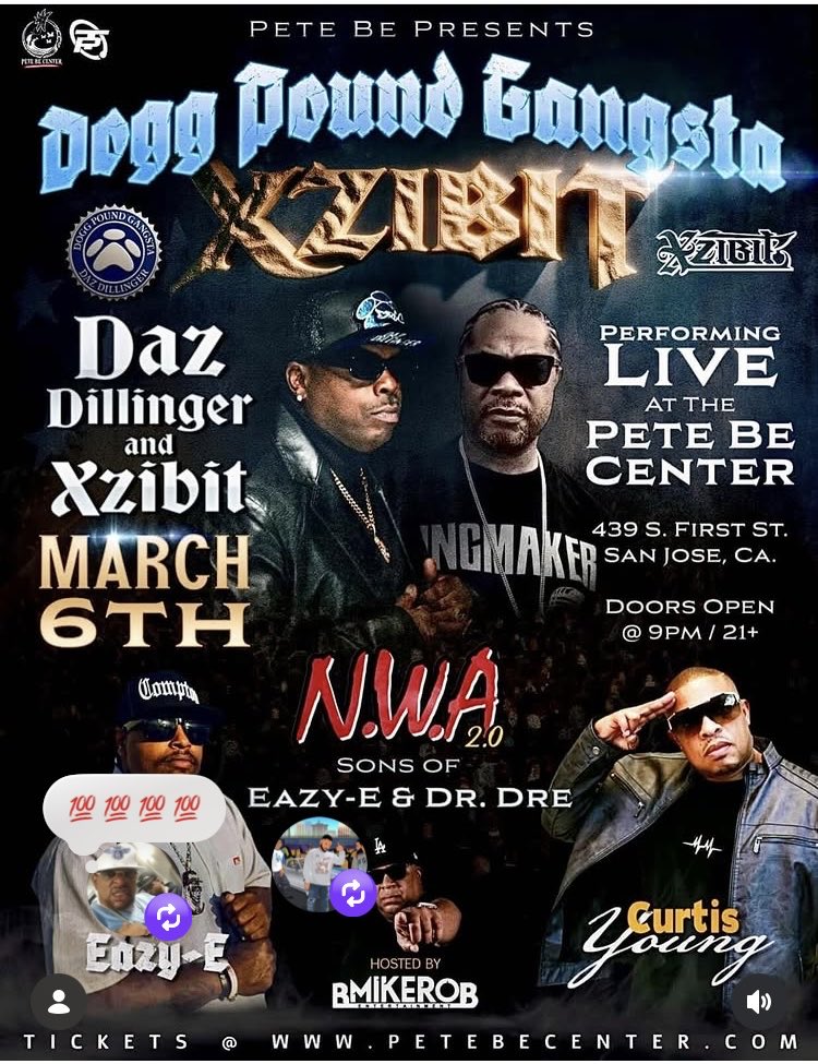 March6, 2026 catch #LilEazyE <a href="/ewrightjr/">Lil Eazy E</a> lileazy_e #instagram w <a href="/xzibit/">XZIBIT</a> <a href="/DAZDILLINGER/">DAZ DILLINGER</a> Curtis Young at Pete B Center in #SanJose #California 😎👌🏿 #rp in #support only visit Pete Be Centre for #info ~ #music #events #Compton to #worldwide #music fans 🎼