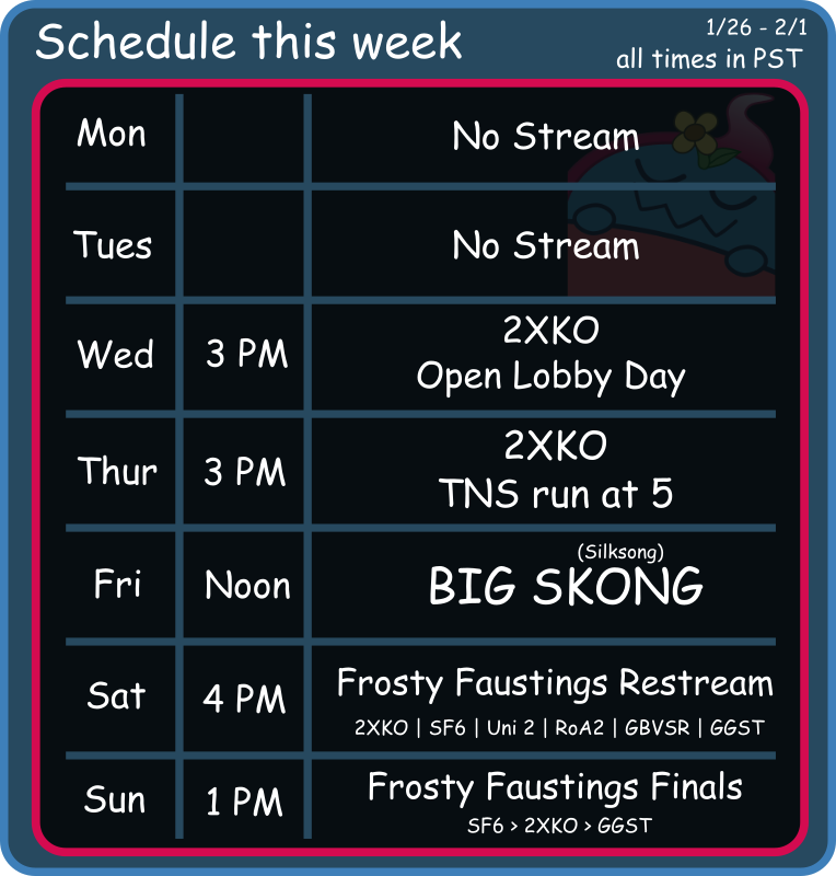 I'm a big dumb dumb and forgot Frosty Faustings is this weekend, so doing this instead. My bad.
twitch.tv/unbreakabledoof