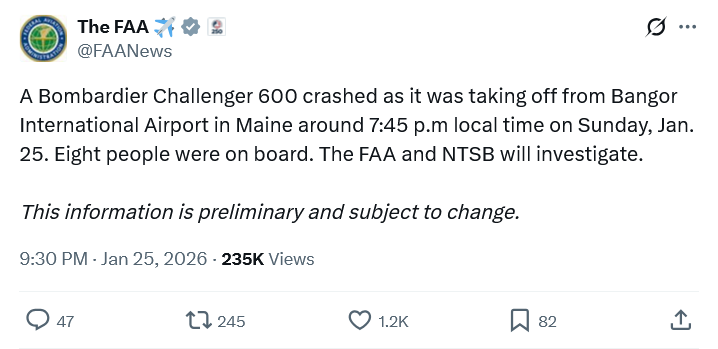 USAS_WW1's tweet image. #PlaneCrash #disaster #BombardierChallenger650 #Snowstorm2026: BREAKING: Bangor, Maine: Sunday 745 pm: Houston-based 2020 Bombardier Challenger 650 N10KJ with 8 aboard crashes on takeoff in heavy snow, flipping plane. No word yet on fate of 8. 💔🙏