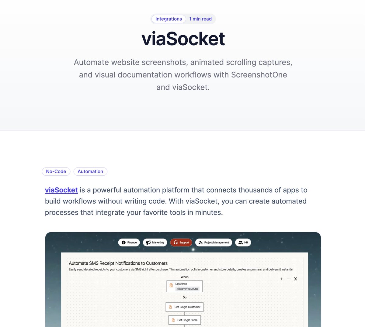 Integrated ScreenshotOne with viaSocket (screenshotone.com/integrations/v…), a no-code platform for workflow automations.

They have around 30,000 customers and a lot of positive reviews on Capterra.

If you have an API product or a product that can be used as part of the automation