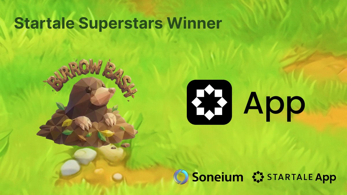 🏆 We're thrilled to announce that Burrow Bash has been selected as a Startale Superstars winner!

Our classic whack-a-mole Mini App is launching soon on the Startale App 🔨🐹

Huge thanks to <a href="/StartaleGroup/">Startale 💿</a> and <a href="/soneium/">Soneium 💿</a> for this opportunity

Time to build! 🚀