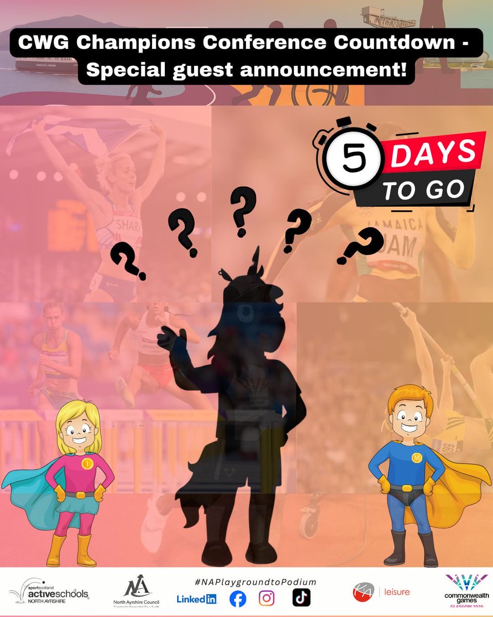 NAActiveSchools's tweet image. ⏳ 5 DAYS TO GO… ⏳
Something BIG is coming to our Commonwealth Champions Event this week 👀✨
A very special guest is joining us…
👤 Can you guess who from the silhouette?
Drop your guesses ⬇️
#5DaysToGo #CommonwealthChampions #RoadToGlasgow2026
