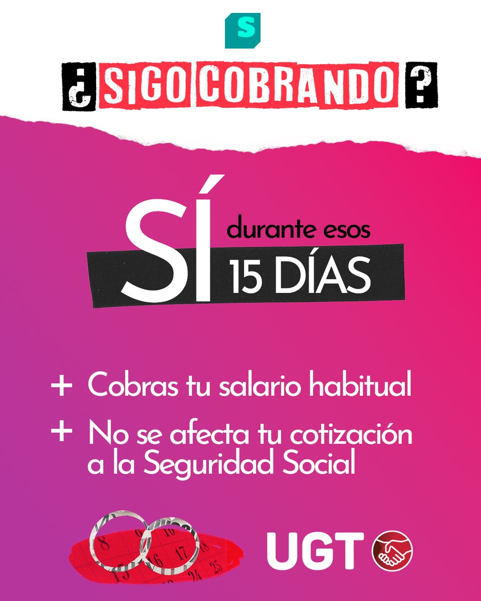 ugt_jaen's tweet photo. #SACADUDAS | ¿Cuántos días me corresponden por matrimonio?
En España, el permiso por matrimonio es de 15 días naturales retribuidos, según el artículo 37.3 a) del Estatuto de los Trabajadores
¡Ojo! Aunque el ET establece 15 días, algunos convenios pueden mejorar condiciones https://t.co/AuVZhJ2qfO