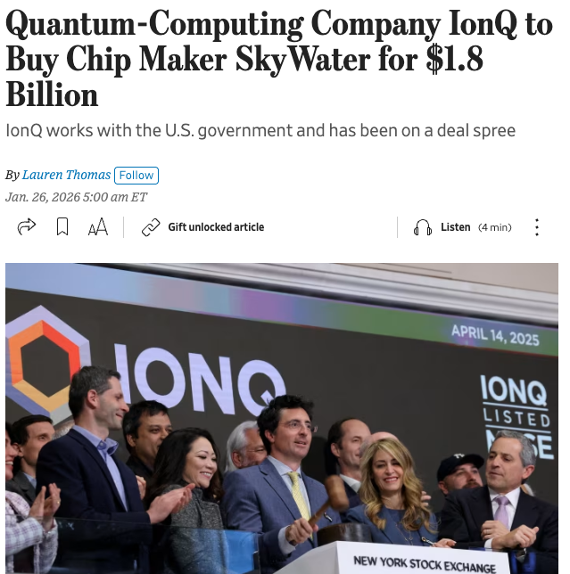 wallstengine's tweet image. WSJ: $IONQ is buying SkyWater Technology $SKYT for about $1.8B, or $35/share. 

SkyWater holders get $15 in cash and $20 in IonQ stock, with a collar on the stock portion. 

IonQ says this deal will create a more vertically integrated quantum platform.