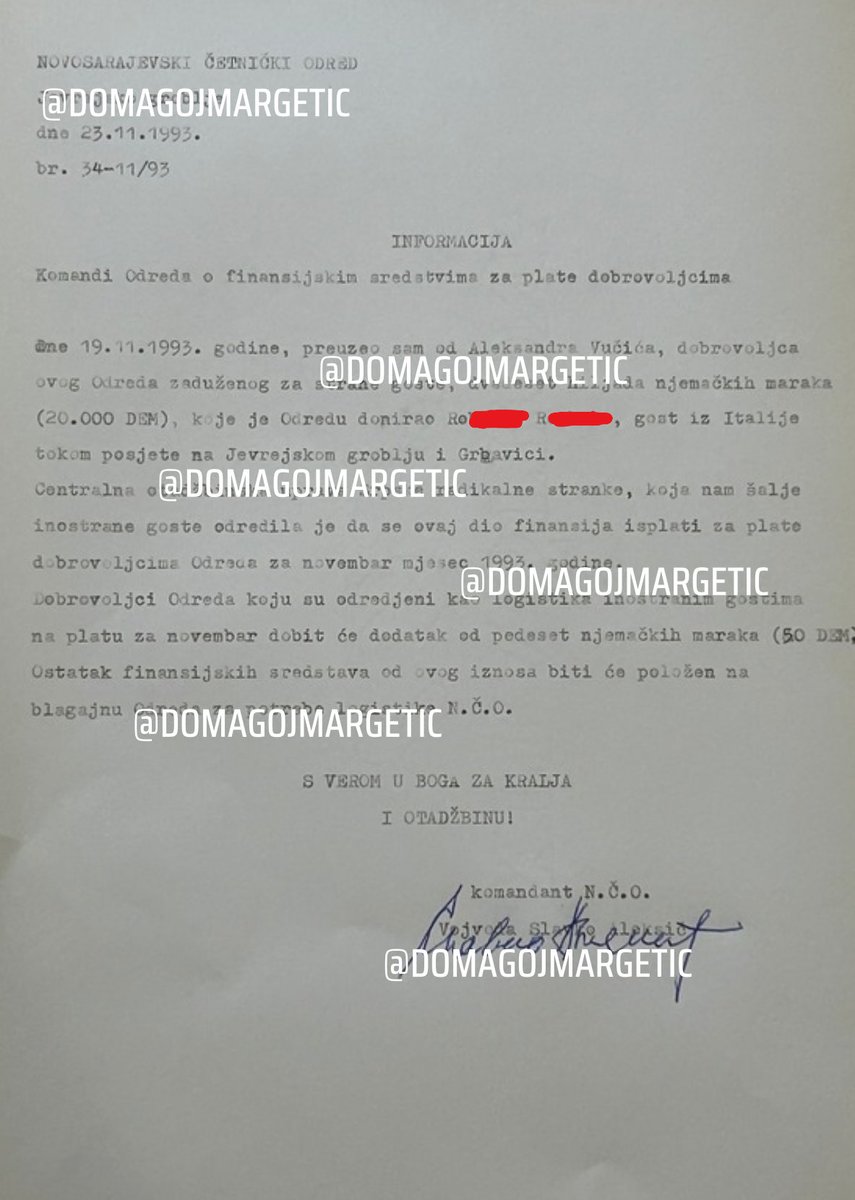 DomagojMargetic's tweet photo. Evo još jedan dokument “Novosarajevskog četničkog odreda” iz 1993. koji dokazuje sudjelovanje @avucic u ljudskim safarijima u ratnom Sarajevu 90-ih godina! https://t.co/LZewzMKEMm