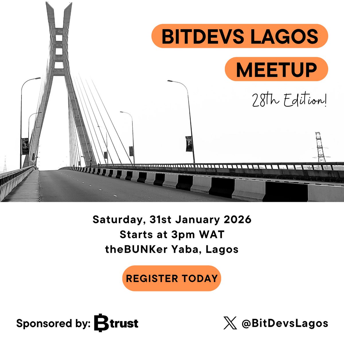 BitDevs Lagos is kicking off its meetup for 2026 this Saturday.

📍 theBunkers, Yaba
🕒 3PM WAT

If you’re interested in Bitcoin, open-source, and thoughtful technical (and even non technical) discussion, you’re welcome to join us
To RSVP, click the link: luma.com/89x6ebvx