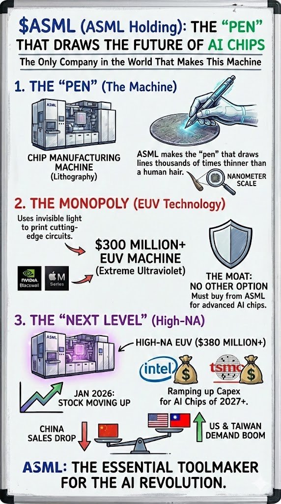 pablomartimar's tweet image. Think of a microchip like a drawing. 

$NVDA designs the picture. 
$TSM holds the paper. 
$ASML makes the pen. 🖊️

But this "pen" costs $300 million and draws with lasers. 

Visual breakdown of $ASML. 👇