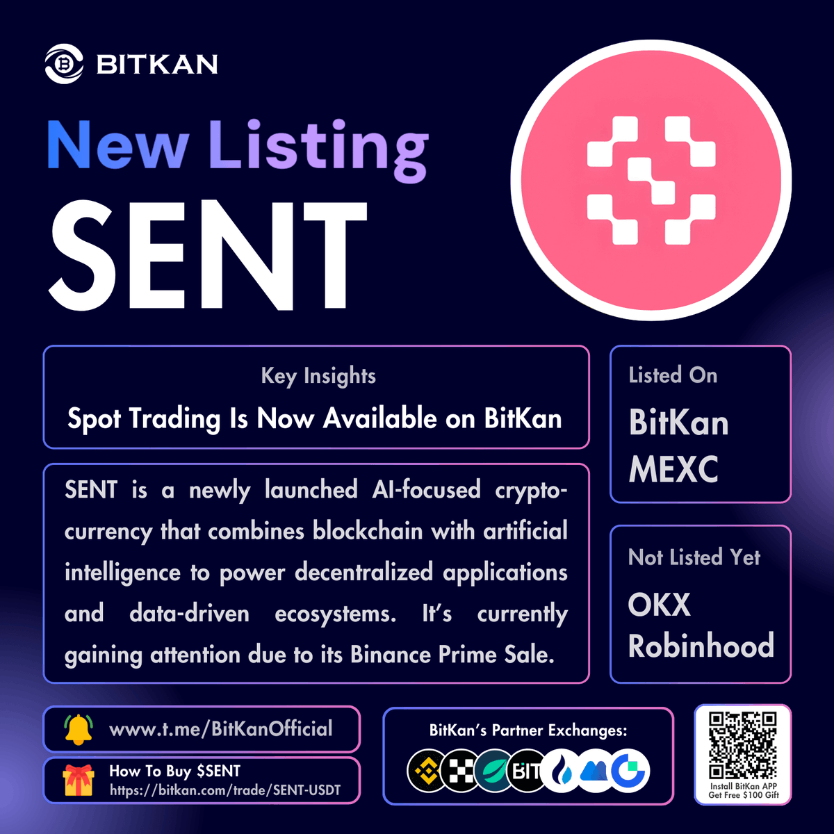 🔥 New Listing: @SentientAGI #SENT spot and futures trading pairs are now  available for trade on BitKan Crypto Exchange. $SENT Spot Trading Pair:  https://t.co/UwHUfdTkmC $SENT Futures Trading Pair: https://t.co/J7Qgv2heUH  Official #BitKan Announcement: